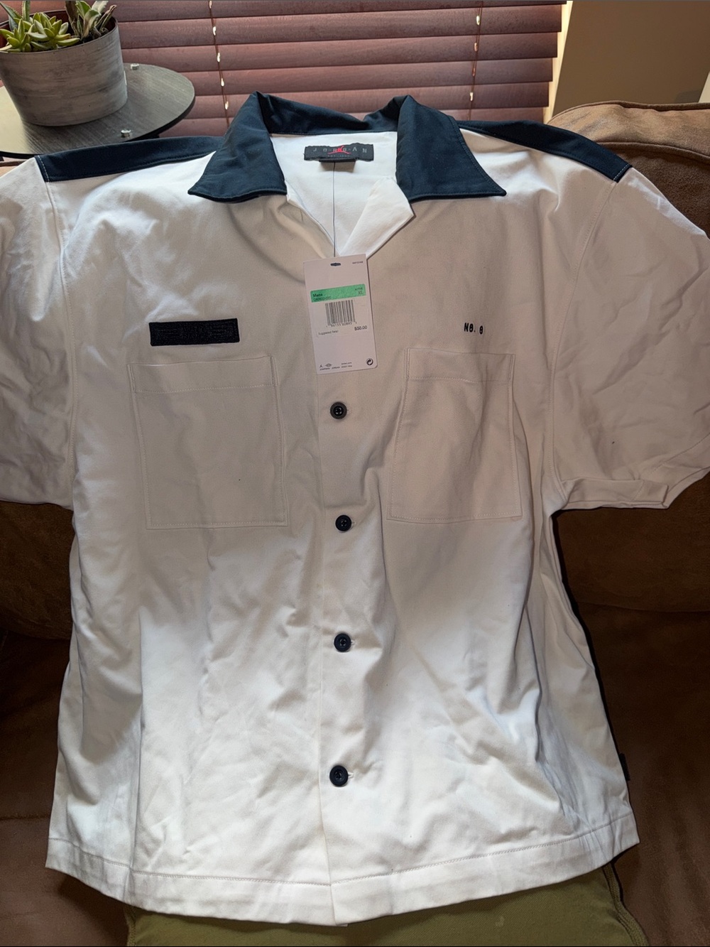 Jordan White Short-Sleeve Button Down Shirt with Navy Collar